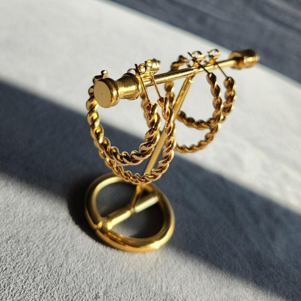 18K Gold Plated Stainless Steel Twisted Post Hoop Earrings Set.